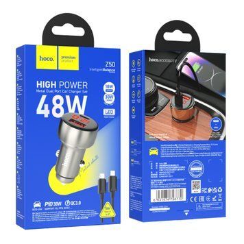 АЗП Hoco Z50 PD 48W QC3.0 (1USB-1USB-C) Led + cable Type-C to lightning grey 32588 фото