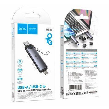 Сard reader Hoco HB56B USB-C/lightning SD, TF, USB2.0 grey 47809 фото