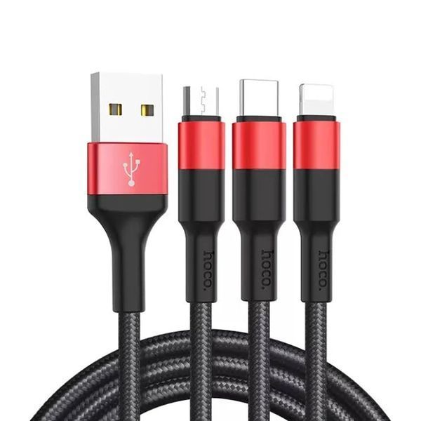 USB Cable Hoco X26 3 in 1 Type-C + Lightning + Micro 2A 1m black-red 21491 фото