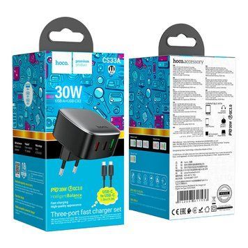 МЗП Hoco CS33A PD 22.5W QC3.0 (1USB-C) + cable Type-C to Type-C black 41185 фото