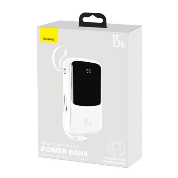 Power bank 20 000 mAh Baseus Qpow Digital Display QC3.0 +cable Type-C 15W white 32975 фото