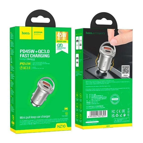 АЗП Hoco NZ10 PD 45W+QC 3.0 (1USB-1USB-C) grey 36308 фото