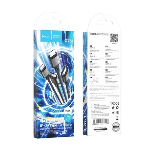 USB Cable Hoco X76 4 in1 2 Type-C + Lightning + Micro 2A 1m black 30157 фото