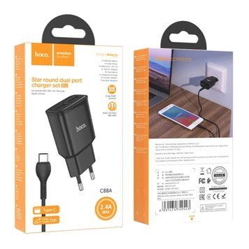 МЗП Hoco C88A (2USB/2.4A) + Type-C black 27932 фото