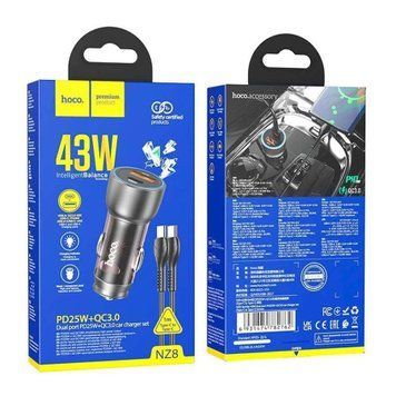 АЗП Hoco NZ8 PD 43W/3A QC3.0 (1USB-1USB-C) + cable Type-C to Type-C blue 37791 фото
