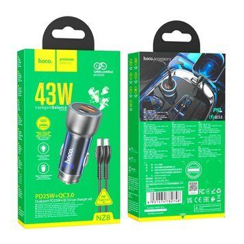 АЗП Hoco NZ8 PD 43W/3A QC3.0 (1USB-1USB-C) + cable Type-C to Lightning blue 37790 фото