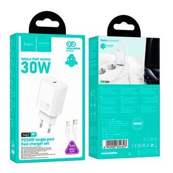 МЗП Hoco N62 PD 30W/3A (1USB-C) + cable Type-C to Lightning white 49004 фото