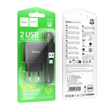 МЗП Hoco C141А 2.1A (2USB) + cable Type-C black 38690 фото