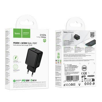 МЗП Hoco C157A PD30W/3A QC3.0 Gan (1USB/1USB-C) black 44485 фото
