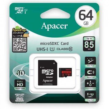 MicroSD 64GB Apacer UHS-I 85R Class10 + SD adapter 21097 фото