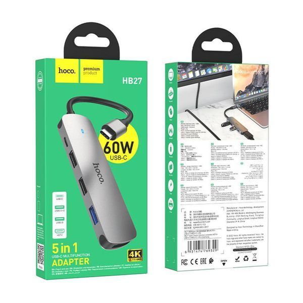 Type-C HUB Hoco HB27 5in1 (HDTV+USB3.0+ 2 USB2.0) grey 43148 фото