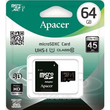 MicroSD 64GB Apacer UHS-1 Class 10 + SD adapter 03004 фото