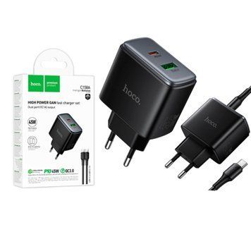МЗП Hoco C158A PD45W/3A QC3.0 (1USB/1USB-C) +cable Type-C to Type-C black 44901 фото