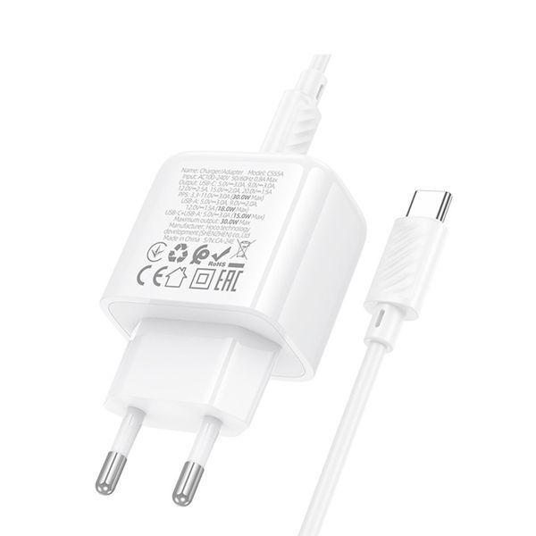 МЗП Hoco CS55A PD 30W/3A (1USB-1USB-C) + cableType-C to Type-C white 38846 фото
