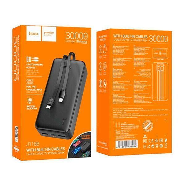 Power bank 30000 mAh Hoco J118B + cable Type C/lightning Led black 35532 фото