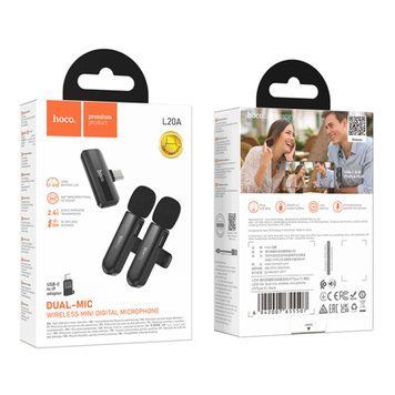 Мікрофон петличний bluetooth Hoco L20A Lightning/Type-C black 07644 фото