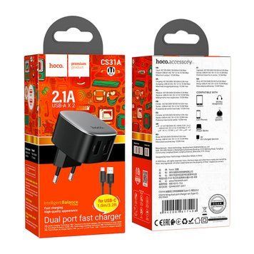 МЗП Hoco CS31A 10.5W/2.1A (2USB) + cable Type-C black 37234 фото