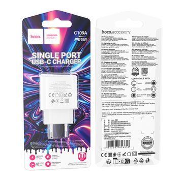 МЗП Hoco C109A PD 20W/3A (1USB-C) white 11238 фото