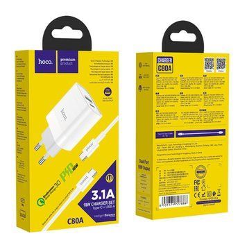 МЗП Hoco C80A PD 20W/3A (1USB-USB-C) + cableType-C to Type-C white 31539 фото