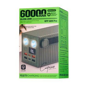 Power bank 60 000 mAh Remax RPP-609 PD 22.5+20W Lamp LED display grey 45867 фото