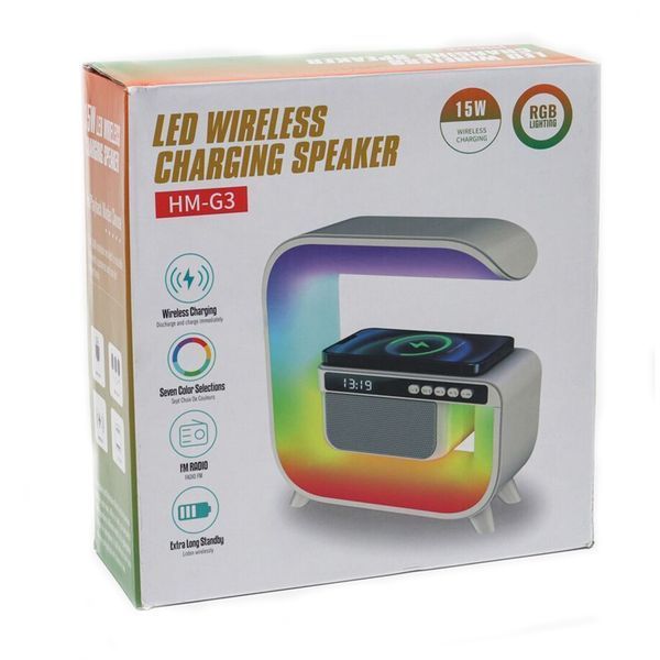Колонка Bluetooth HM-G3 + бездротова зарядка + годинник +світильник white 37855 фото