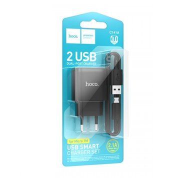 МЗП Hoco C141A 2.1A (2USB) + cable micro black 39632 фото