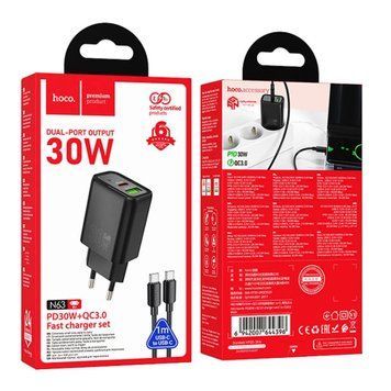 МЗП Hoco N63 PD 30W/3A (1USB/1USB-C) + cable Type-C to Type-C black 43454 фото