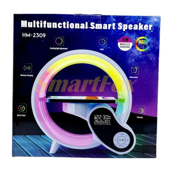 Колонка Bluetooth HM2309 + бездротова зарядка + годинник +світильник white 37856 фото