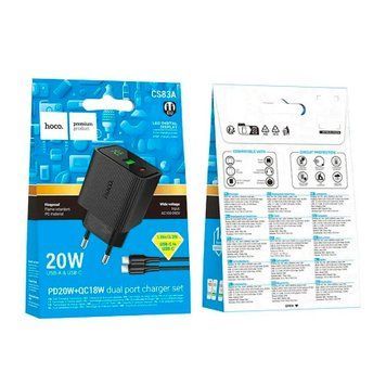 МЗП Hoco CS83A PD 20W/3A QC3.0 (1USB/1USB-C) + cable Type-C to Type-C black 45625 фото
