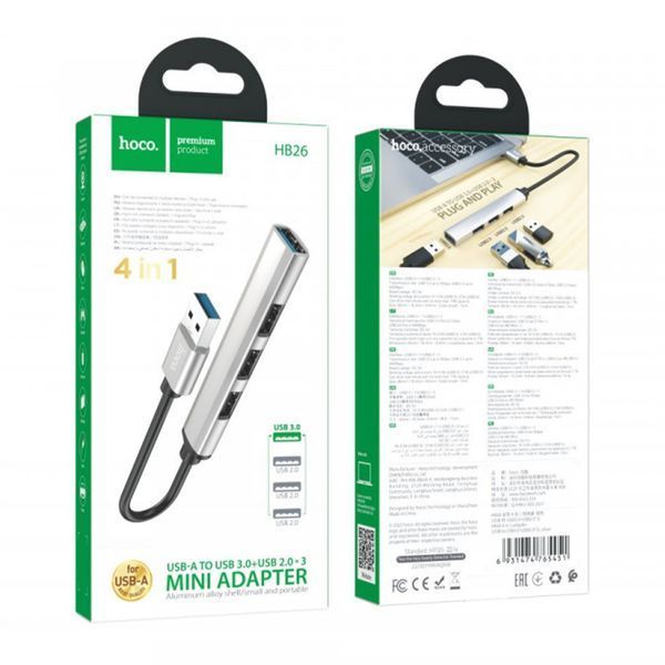 Type-C HUB Hoco HB26 4in1 (TypeC-USB-USB) grey 32308 фото