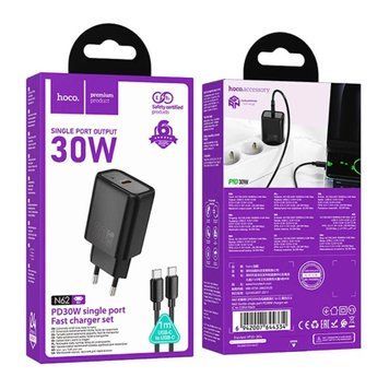 МЗП Hoco N62 PD 30W/3A (1USB-C) + cable Type-C to Type-C black 42188 фото