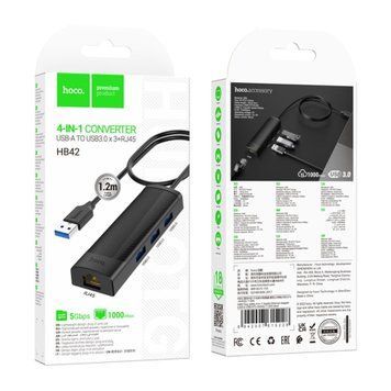 USB HUB Hoco HB42 4in1 (USB to USB 3.0) 1.2m black 40845 фото