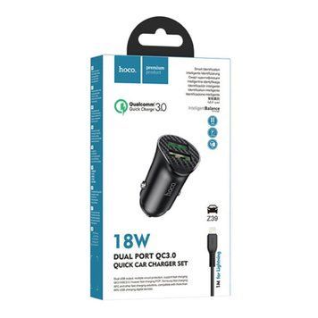 АЗП Hoco Z39 18W/3A QC3.0 (2USB) + cable Lightning black 30606 фото
