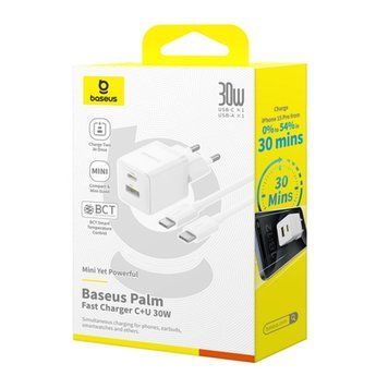 МЗП Baseus Palm Fast Charger 30W (USB-1USB-C) + Cable Type -C to Type -C 60W (1m) White 12857 фото