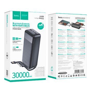 Power bank 30 000 mAh Hoco J163B Wonderful Led + cable Lightning+Micro+Type-C+USB black 45443 фото