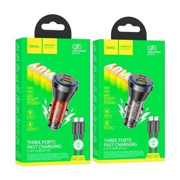 АЗП Hoco NZ12C PD 60W/3A QC3.0 18W (2USB-C) LED + cable Type-C-Type-C black 37442 фото