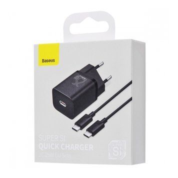 МЗП Baseus Super Silicone PD Charger 25W (1USB-C) + Cable Type-C to Type-C 3A (1m) black 28831 фото