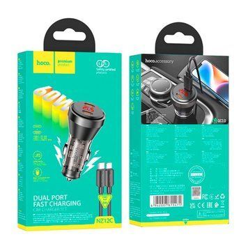 АЗП Hoco NZ12C PD 60W/3A QC3.0 18W (2USB-C) LED + cable Type-C to Lightning black 37443 фото