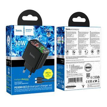 МЗП Hoco CS42A PD 30W/3A (1USB-1USB-C) + cable Type-C to Lightning black 42177 фото