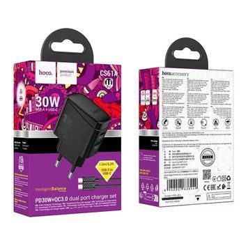 МЗП Hoco CS61A PD 30W/3A QC3.0 (1USB/1USB-C) + cable Type-C to Type C black 42181 фото