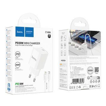 МЗП Hoco C148A 30W/3A (1USB/1USB-C) + cable Type-C to Lightning white 42171 фото