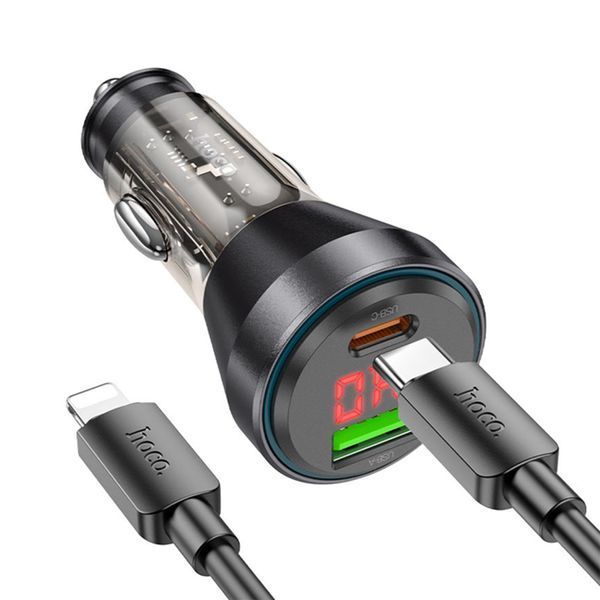 АЗП Hoco NZ12B PD 48W/3A QC3.0 (1USB-1USB-C) LED + cable Type-C to Lightning black 37870 фото