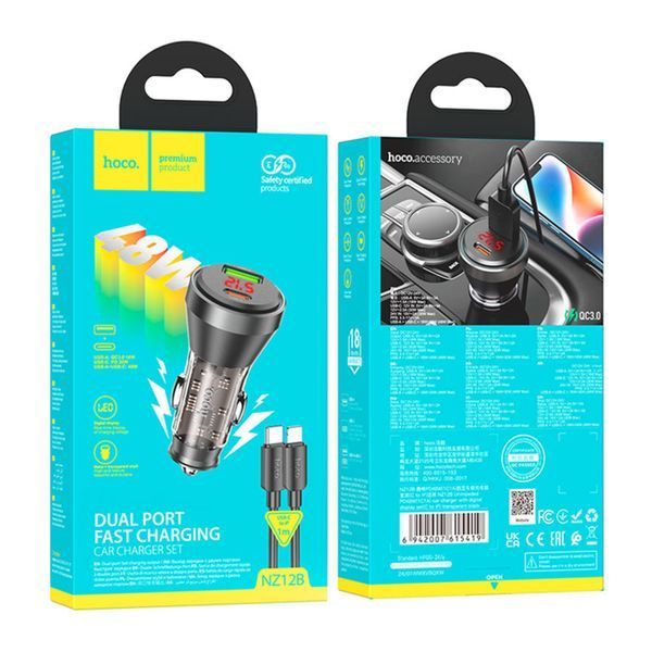 АЗП Hoco NZ12B PD 48W/3A QC3.0 (1USB-1USB-C) LED + cable Type-C to Lightning black 37870 фото