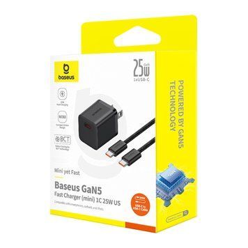 МЗП Baseus GaN5 Mini 25W (1USB-C) + cable Type-C to Type-C (1m) black 41766 фото