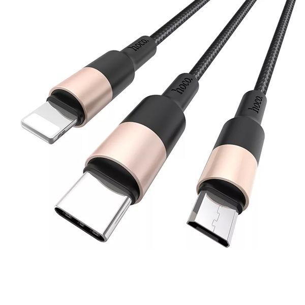 USB Cable Hoco X26 3 in 1 Type-C + Lightning + Micro 2A 1m black-gold 40930 фото