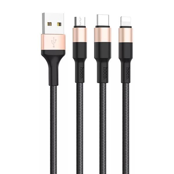 USB Cable Hoco X26 3 in 1 Type-C + Lightning + Micro 2A 1m black-gold 40930 фото