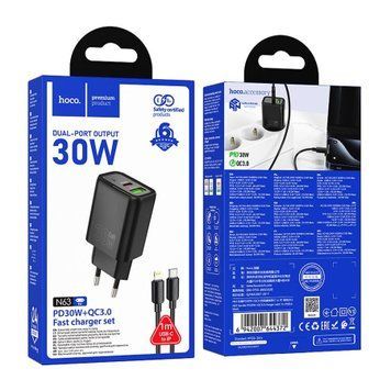МЗП Hoco N63 PD 30W/3A (1USB-1USB-C) + cable Type-C to Lightning white 42189 фото