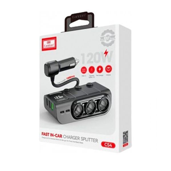 АЗП 3в1 120W PD36W 3.0 (3USB-2USB-C) EARLDOM ET-CS4 LED машинний трійник 37676 фото