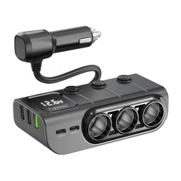 АЗП 3в1 120W PD36W 3.0 (3USB-2USB-C) EARLDOM ET-CS4 LED машинний трійник 37676 фото