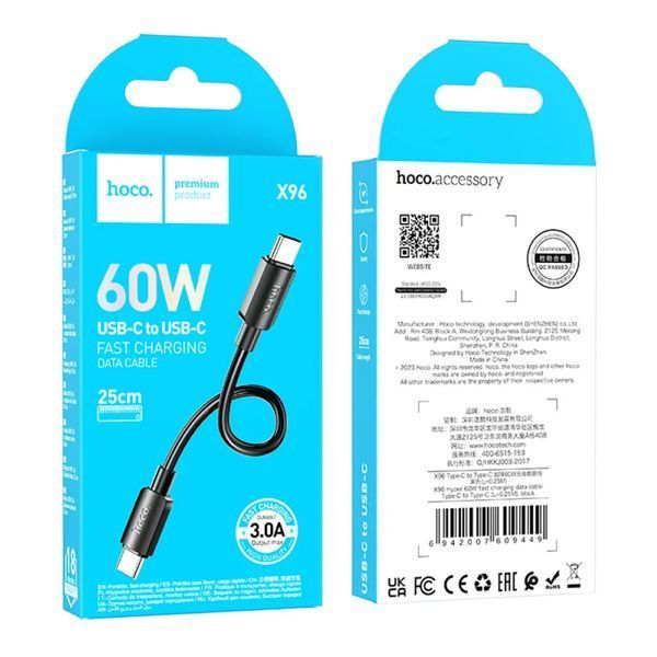 Cable Hoco Type-C to Type-C X96 60W/3A 0.25m black 34359 фото